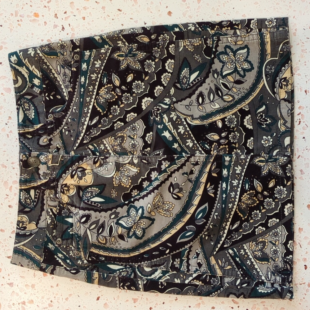 Ann Taylor | Short Skirt Stretch Fine Corduroy Paisley Grey Black Teal | 0 P